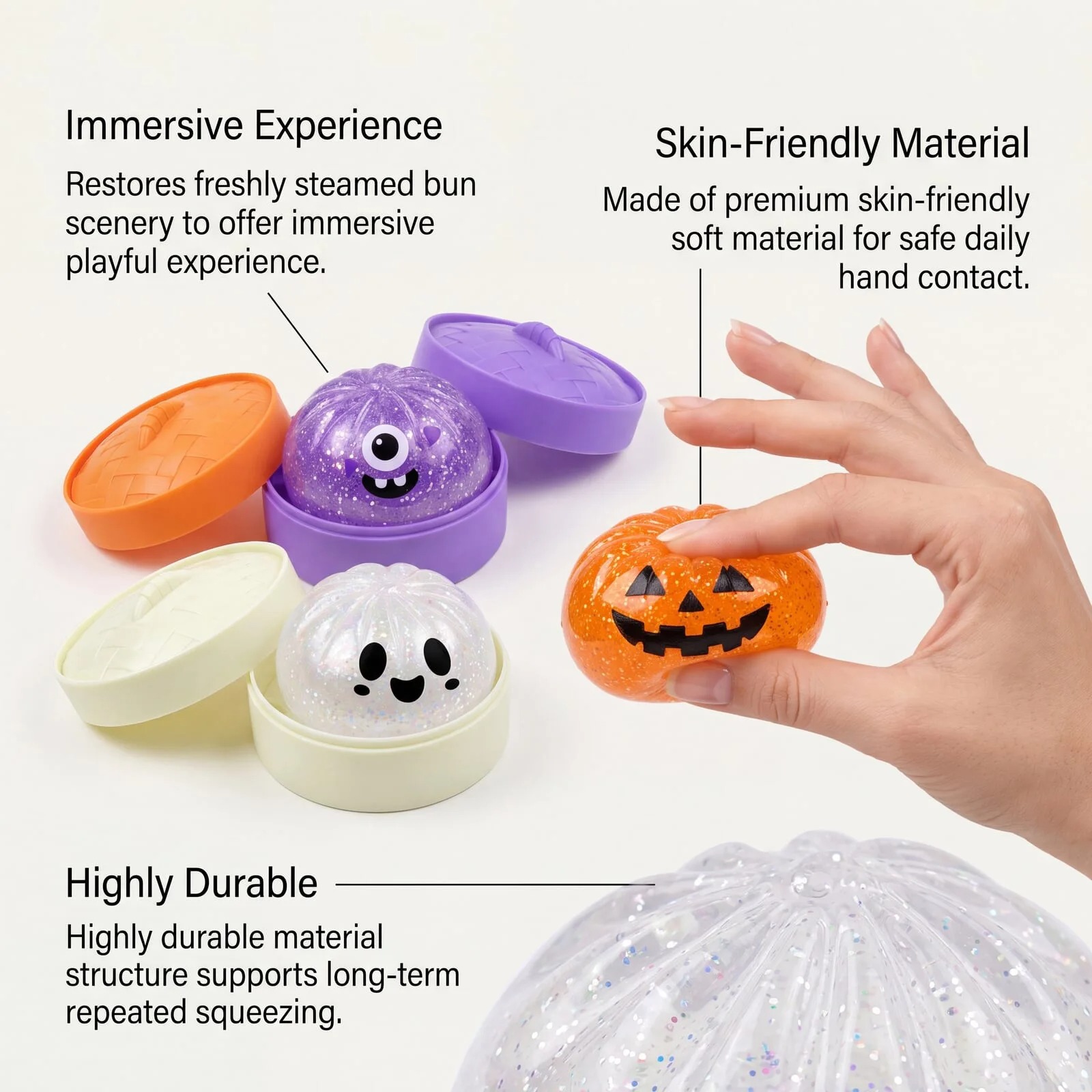 Halloween Themed Glitter Squishy Dumpling Stress Relief Bun 8.5CM Simulated Bun Slow Rebound Squeeze Spooky Ghost Pumpkin Design - Image 4